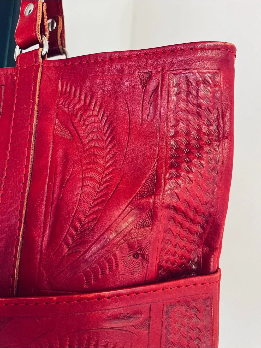 Vintage Red Embossed Leather Shoulder Tote
